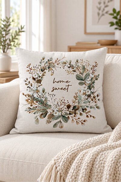 Evmila Κάλυμμα μαξιλαριού Home Sweet Written Floral - Κρεμ βελούδινο με εκτύπ...