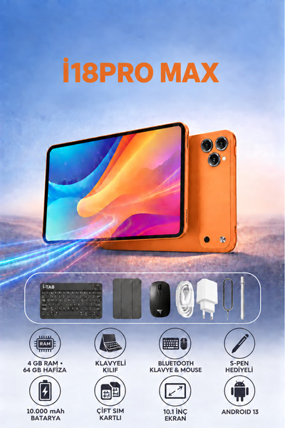 İ-TAB İ18PRO MAX 4GB RAM 64GB Hafıza Klavyeli Kılıf + Bluetooth Klavye & Mous...