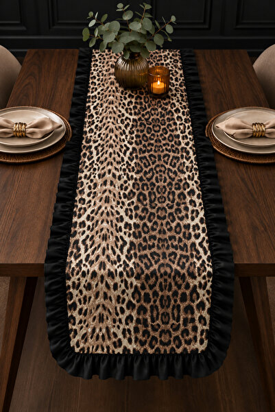 Ganita home Leopar Desenli Fırfırlı Masa Runnerı | Dekoratif Yemek Masası Ört...