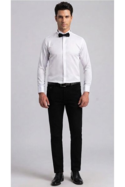 ADVANTE Önü Gizli Düğmeli Slim Fit Beyaz Pamuk Saten Kol Düğmeli Ata Yaka Smo...