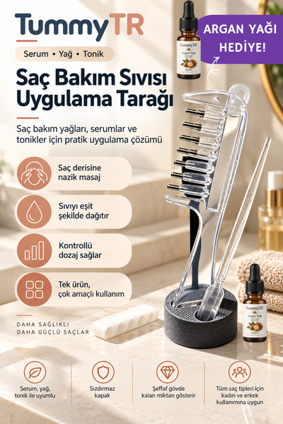 TummyTime Metal Uçlu Hazneli Saç Dibi Serum ve Bakım Yağı Uygulama Tarağı (Şe...