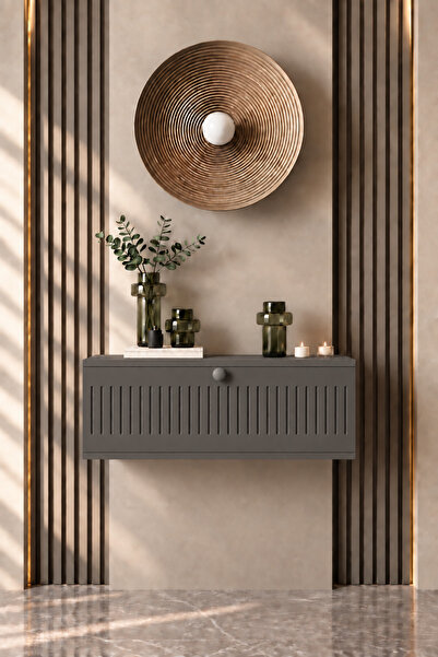 melura home Melura Gri %100 MDF Kapaklı Dresuar, Duvara Monte Makyaj Masası 6...