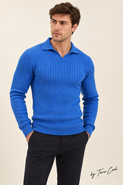 Tarz Cool Cobalt Blue Men's Polo Neck Ribbed Knitwear Sweater