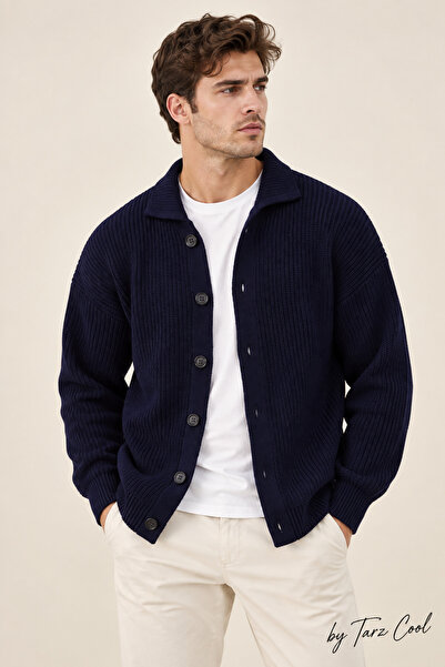 Tarz Cool Navy Blue Button Detailed Regular Fit Cardigan