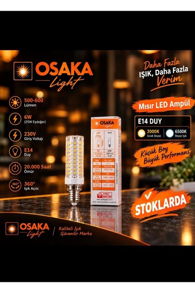 Osaka Light 6w = 25w Eşdeğer 6500 Kelvin Beyaz ışık E14 Duylu 500-600 Lümen 2...