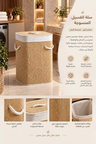 Generic Brand سلة غسيل و تخزين ألعاب خوص منسوجة بغطاء – ارتفاع 50 سم