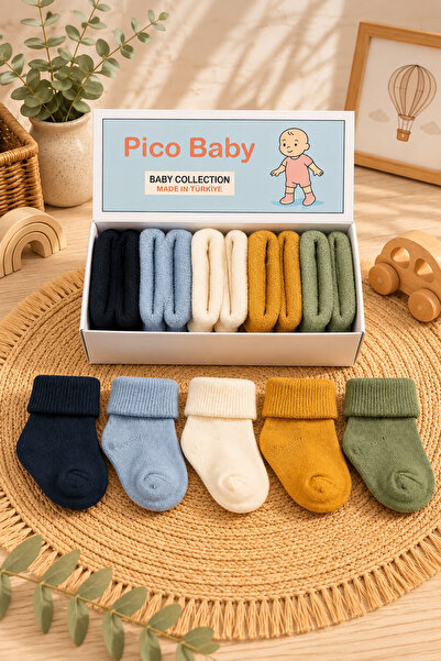 Pico Baby Organik Pamuk Unisex 5'li Kutulu Premium Yeni Doğan Bebek Çorabı
