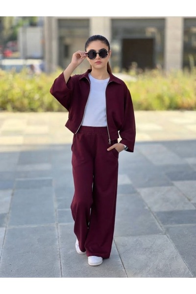 cocux.butik Pile detayli fermuarli takim palazzo pantolon+piliseli yarasa kol...
