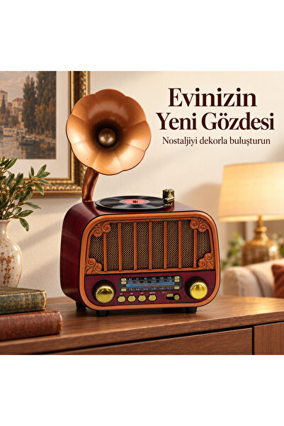 Dexxony Gramofonlu Retro Vintage Nostaljik Radyo - Bluetooth Hoparlör & Fm Ra...