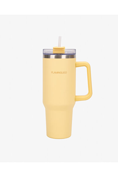 Flamingueo Termos cu mâner și pai, 1,18 L, galben, cană termoizolantă din oțe...