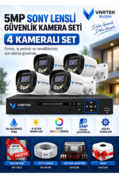 5MP Gülenyüz Gece Renkli Güvenlik Kamerası Seti, 4 Kameralı 250 GB Hediyeli