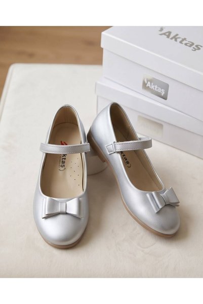 AKTAŞ ORTOPEDİ Girl's Bow Tie Silver Matte Orthopedic Ballerina Shoes