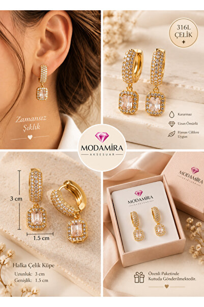modamira Halka Çelik Küpe |{ uzunluk : 3 cm Genişlik : 1.5 cm } Gold Rengi