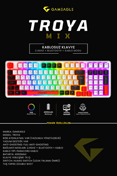 gameagle Troya Mix RGB 3 Modlu Kablosuz Mekanik Oyuncu Klavyesi Red Switch Fu...