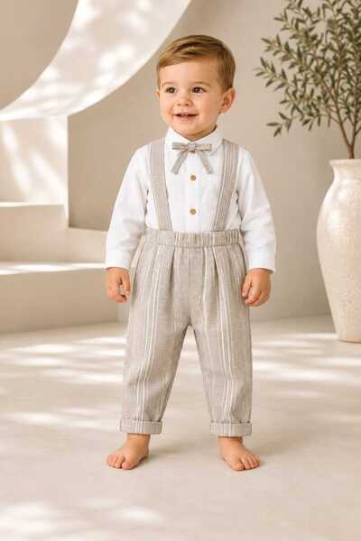 LİLİYUM Erkek Bebek Gabardin Askılı Takım Papyonlu Şık Takım Krem 6-9-12-18 Ay