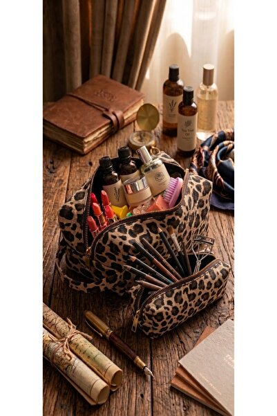 RONYA LEATHER Viral Leopar Desen 2’li Makyaj&Kalemlik Set