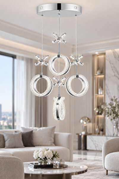 Ulucam Aydınlatma Venüs Sarkıt 4 Halkalı Gümüş Led Avize Modern Tasarım Oturm...