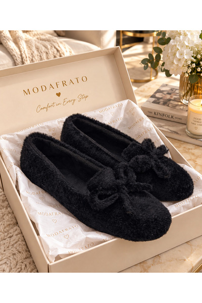Moda Frato Br-33 Women's Home Slippers with Bow, Winter Wool Inside, Home Sho...