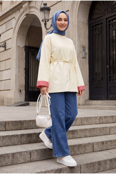 Modamorfo Slit Crew Neck Combed Cotton Sweatshirt with Tie at the Waist - Yellow