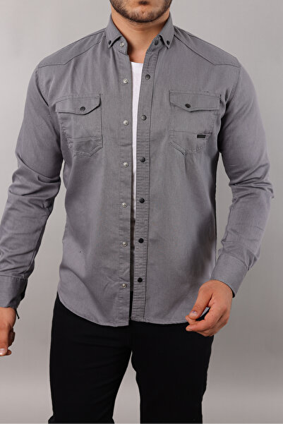 a02teks Slim Fit Erkek Kot Gömlek Gri