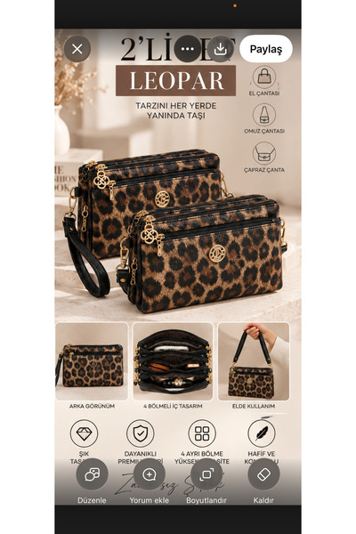 seraptakidunyasi 2’li Set Leopar + Leopar 4 Bölmeli Kadın Omuz ve Çapraz Çant...