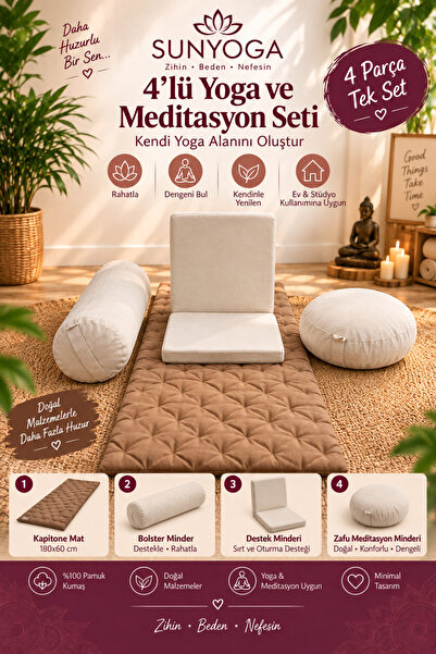 SUNYOGA 4’lü Yoga ve Meditasyon Seti Zafu Bolster Destek Minderi Kapitone Yog...