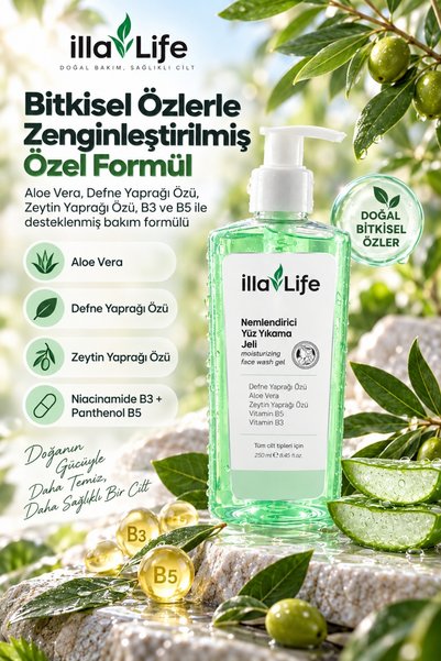 İlla Life Doğal Su Bazlı Yüz Temizleme ve Yıkama Jeli Hyalüronik Asit Aloe Vera B5 B3 Makyaj Kir ve Fazla Yağ Temizleyici Nemlendirici Canlandırıcı Arındırıcı 250 ml - Tüm Cilt Tipleri Günlük Cilt Bakım Rutini