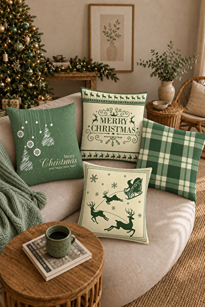 Belle Benoit 4-Piece Double-Sided Digital Printed Green Christmas New Year Pi...