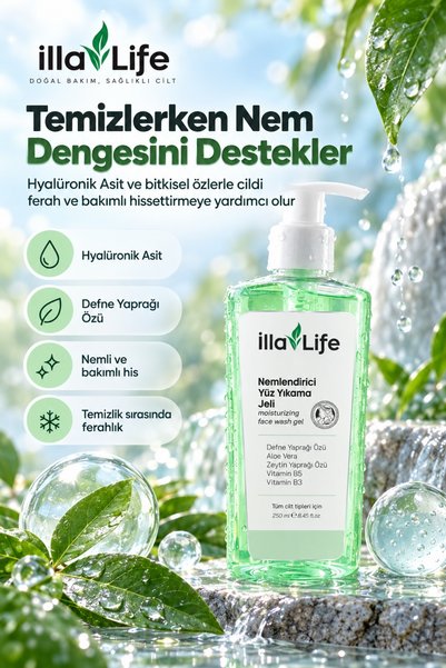 İlla Life Doğal Su Bazlı Yüz Temizleme ve Yıkama Jeli Hyalüronik Asit Aloe Vera B5 B3 Makyaj Kir ve Fazla Yağ Temizleyici Nemlendirici Canlandırıcı Arındırıcı 250 ml - Tüm Cilt Tipleri Günlük Cilt Bakım Rutini