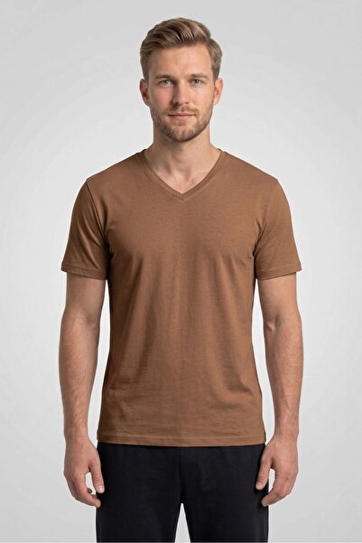 OBJE Men's Brown Bambo V-Neck Half Sleeve T-Shirt