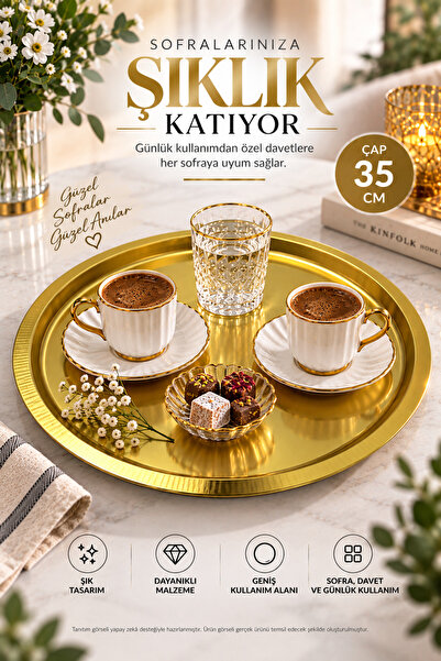 OpenCity Altın Renk Yuvarlak Servis Tepsisi 35 cm Sunum Tepsisi Kahve Çay İkr...