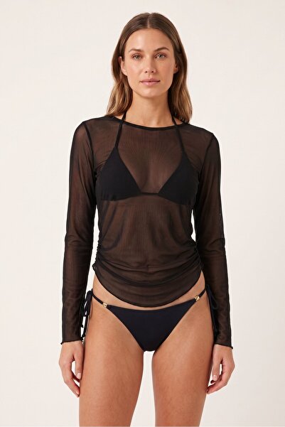 OBJE Women's Black Pareo Top with Gathered Sides