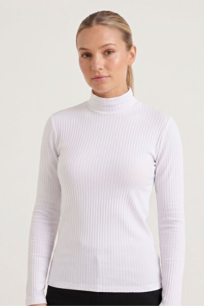 OBJE Women's White High Neck Long Sleeve Bodysuit