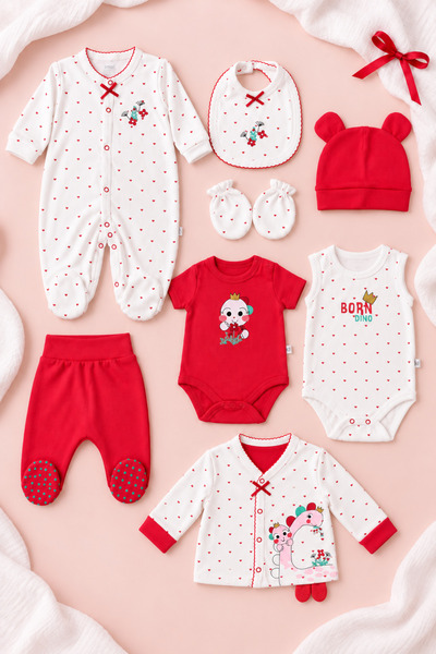 İmaj Red Dinosaur Baby Girl 8-Piece Hospital Release – 100% Cotton Bodysuit S...