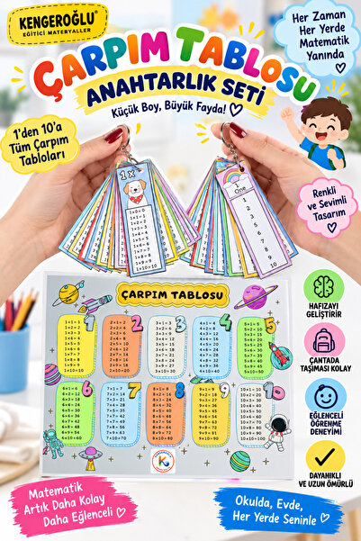 KENGEROĞLU Çarpım Tablosu Eğitim Seti Anahtarlık Kartları ve Uzay Temalı Çarp...