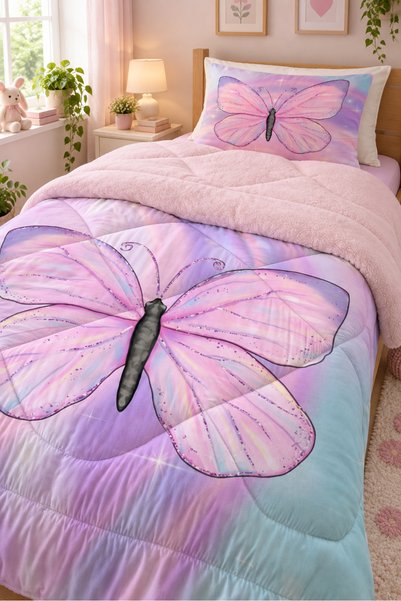 Evmila Mor Kelebek Peluş Uyku Seti - 160x220 Wellsoft Yorgan, 90x190 Lastikli Çarşaf Dahil Set