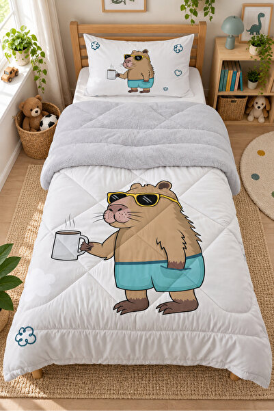 Evmila Cool Capybara Gri Peluş Tek Kişilik Çocuk Uyku Seti - Gözlüklü Capybar...