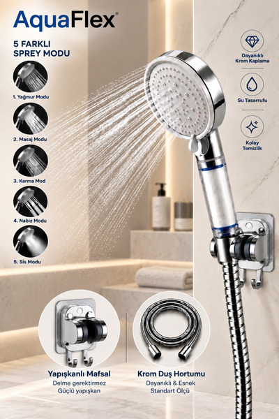 AquaFlex Filtreli Duş Başlığı |5 Fonksiyonlu | Yüksek Basınçlı | Kireç ve Klo...