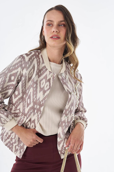 Kayra Pearl Embroidered Bomber Jacket Brown
