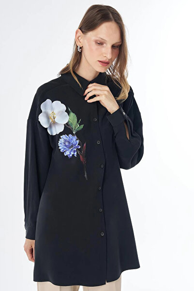 Kayra Floral Print Rayon Tunic Black