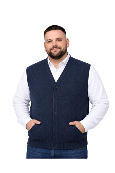 BattalModa Men's Large Size Melange Navy Blue Knitwear Vest with Pockets 3Xl-...
