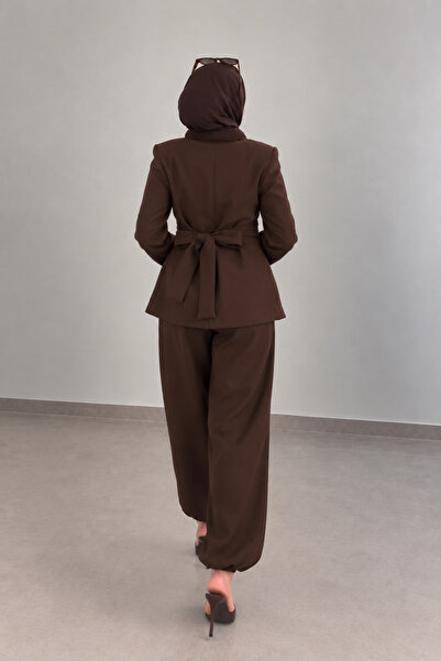 BNGL Boutique Waist Detailed Blazer Jacket and Trousers Two-Piece Set in Brown