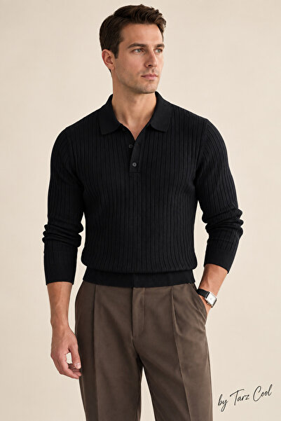 Tarz Cool Men's Matte Black Polo Neck Buttoned Knit Sweater