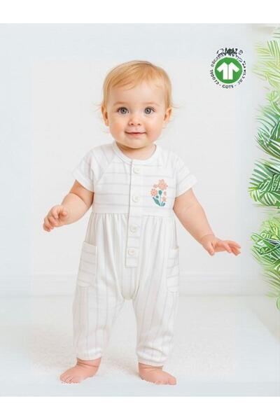 Zekids Baby Girl Organic Cotton Striped Short Sleeve Elastic Leg Jumpsuit