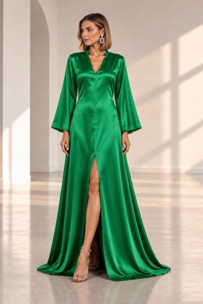 SERAVENZA COUTURE فستان ساتان أنيق بأكمام طويلة وفتحة أمامية مقاس ماكسي COU-107