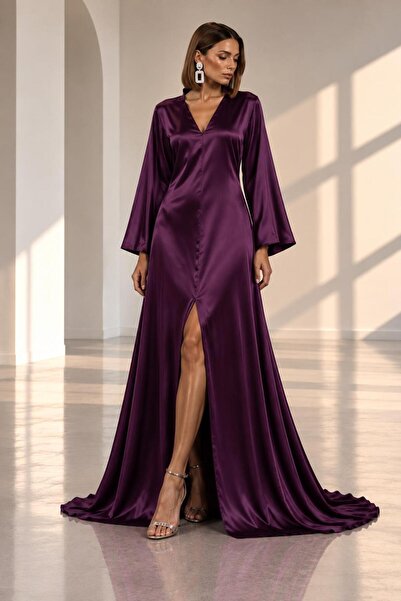 SERAVENZA COUTURE فستان ساتان أنيق بأكمام طويلة وفتحة أمامية مقاس ماكسي COU-107