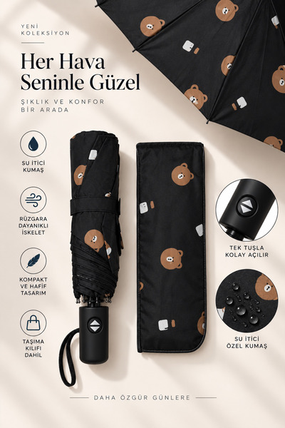 Chunky Frame Umbrelă neagră originală de calitate, cu model ursuleț de pluș, automată, cu funcții complete, pentru deschidere și închidere, din sârmă din fibră.