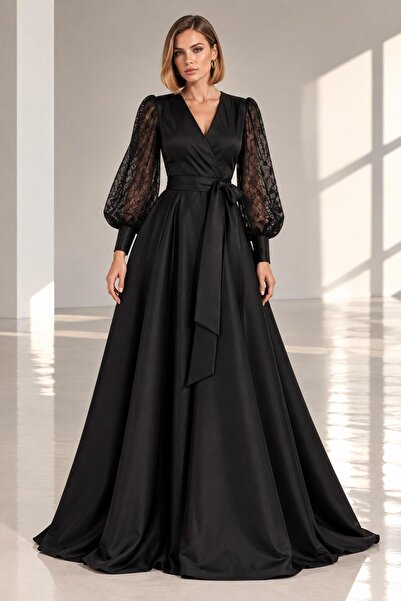 SERAVENZA COUTURE Maxi Boy Balon Kollu Dantel Kaplamalı Şık Davet Elbisesi CO...