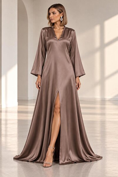 SERAVENZA COUTURE Maxi Boy Uzun Kollu Önü Yırtmaçlı Şık Saten Elbise COU-107