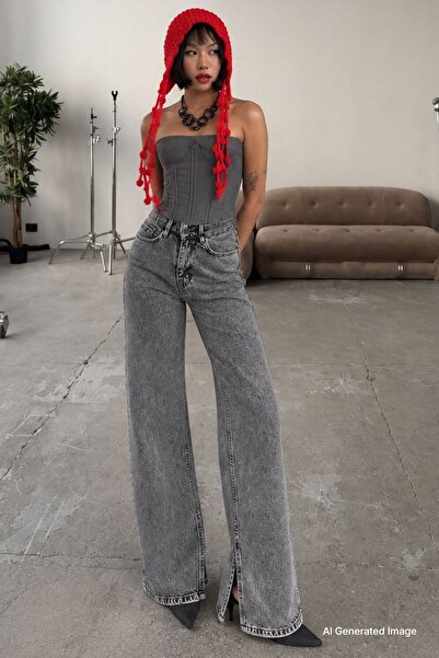 Madmext Black High Waist Leg Slit Women's Jeans Mg1384